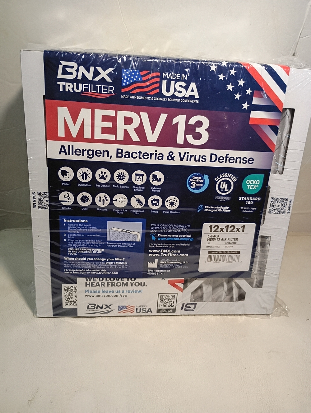 BNX TruFilter MERV 13 - 12" x 12" x 1" Electrostatic Pleated Air Filter (6 Pack)
